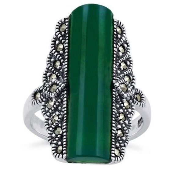 Sterling Silver Green Agate Tall Marcasite Ring New - Picture 2 of 4